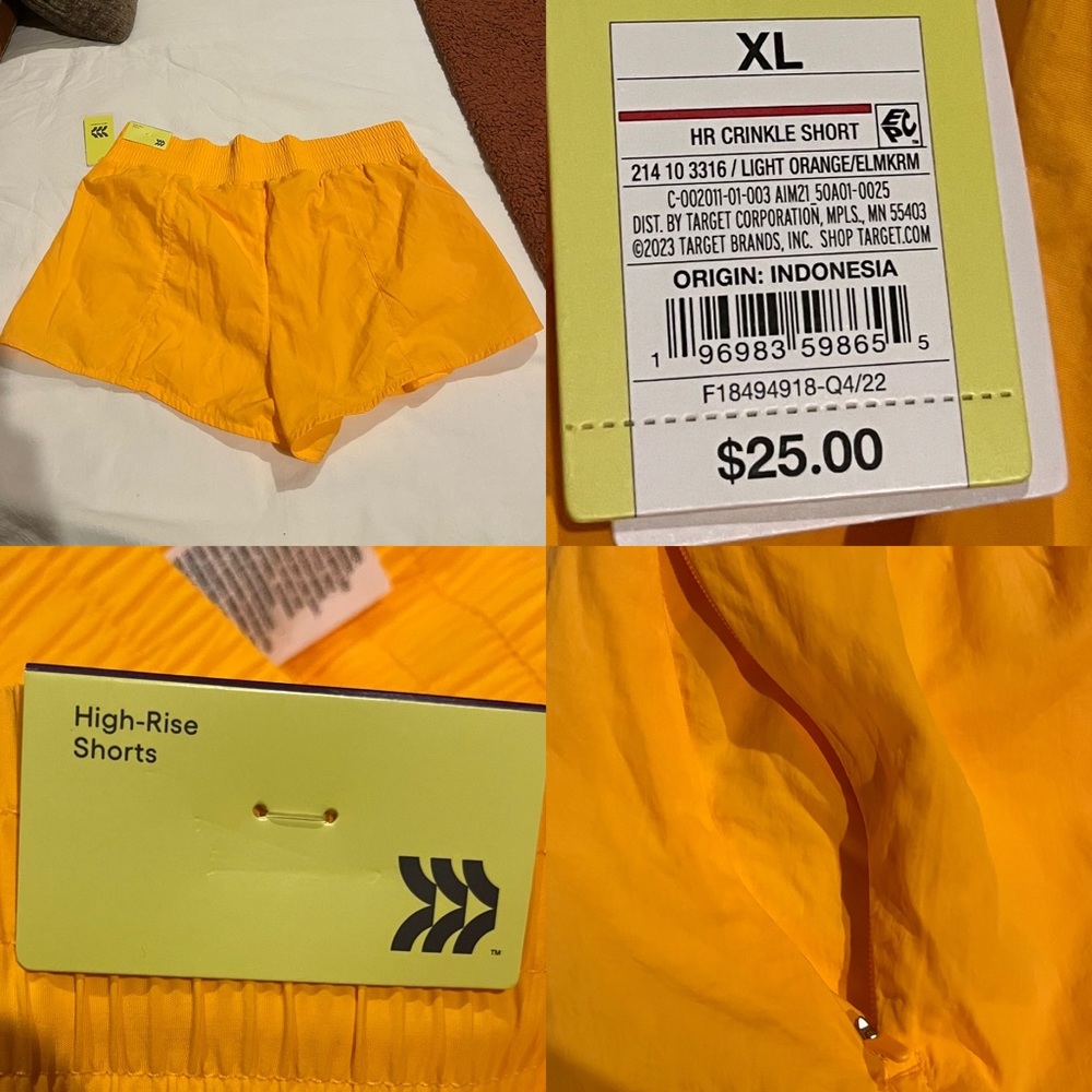 All In Motion HR Crinkle Shorts Light Orange with Pockets Lined XL UPF 50+